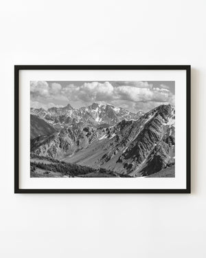 Black and white photograph of rugged mountain ridges in the Bugaboos.