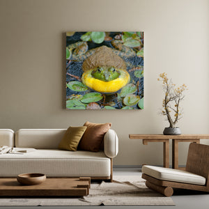 Green and brown pond leaves frame a bullfrog with a vivid yellow throat.
