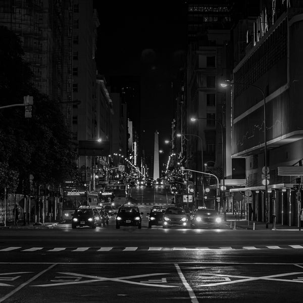 Bustling Buenos Aires streets at night – black and white cityscape