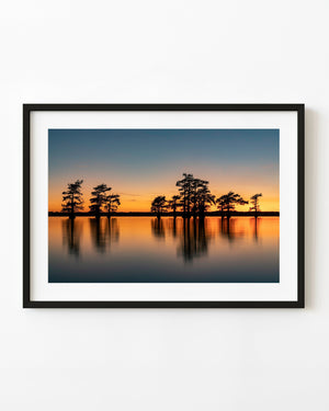 Caddo Lake cypress silhouettes reflected in still water beneath a golden evening sky.