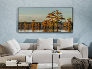 Panoramic Caddo Lake photograph with autumn trees and soft water reflections.