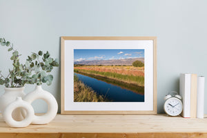 Blue water, golden fields and pale mountain slopes create a quiet California landscape.