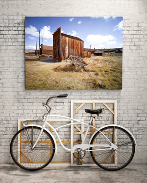 Worn wooden boards and dry grasses frame an abandoned California settlement.