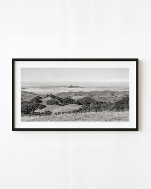 Black and white panorama of California rolling hills rising above dense fog.