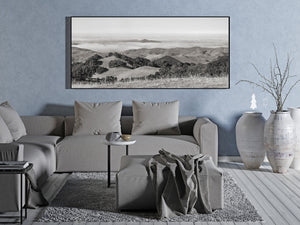 California countryside with layered slopes, scattered trees and luminous low cloud.