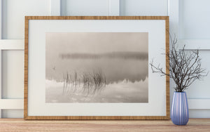 A quiet lake photograph with sparse grasses, gentle reflections and drifting mist.