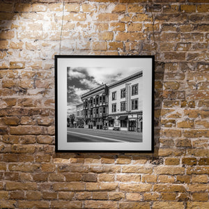 Greenwood BC main street architecture with saloon inn signage monochrome