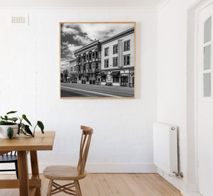 old west style wooden buildings in Greenwood BC black and white photography