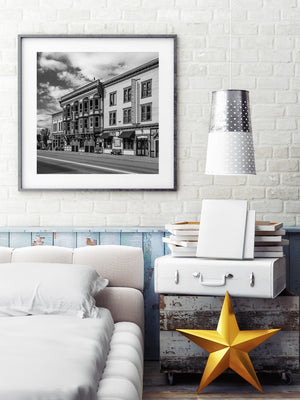 vintage storefronts and saloon sign Greenwood BC monochrome image