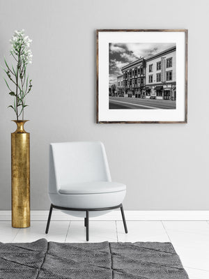 historic street scene with wooden buildings British Columbia black and white