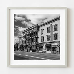 historic buildings on main street in Greenwood British Columbia black and white