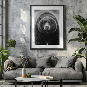 Moody black and white wildlife portrait of a black bear