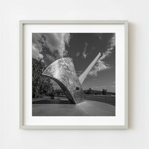 Worlds largest axe monument in Nackawic New Brunswick black and white