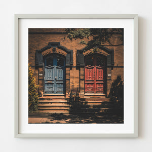 Blue and red historic doors in Saint John