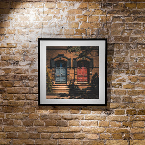Architectural door photograph with warm brick tones