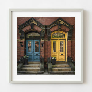 Blue and yellow historic house doors in Saint John