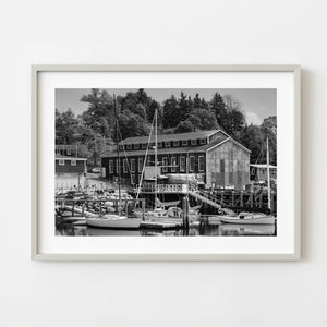 Black and white photograph of the Big Boat Shed in Lunenburg