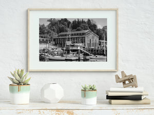 Working waterfront and wooden shipyard building in Nova Scotia