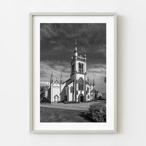 Black and white photograph of St Johns Anglican Church in Lunenburg Nova Scotia