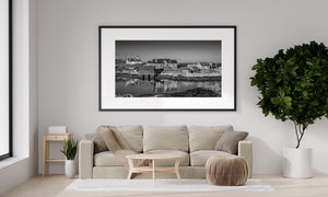 Nova Scotia coastal village in black and white