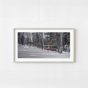 Abandoned Toronto streetcar in snowy Haliburton forest