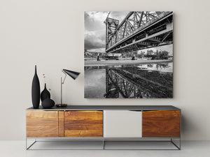 Dramatic architectural bridge lines and reflection black and white