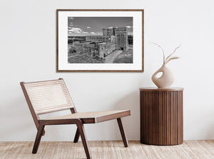 black and white industrial building with stone facade ontario