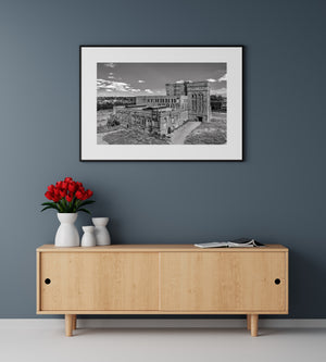 abandoned factory style building ontario canada aerial photograph