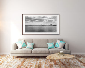 Sault Ste Marie waterfront landscape with clouds and river in monochrome