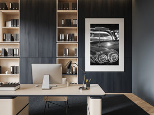 Vintage automobile tail lights and antenna detail black and white