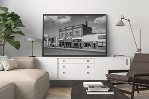 Abandoned looking prairie town theater building in Saskatchewan