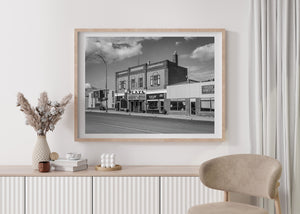 Quiet rural Canadian town street with historic brick buildings