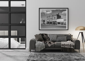 Rural Saskatchewan town architecture captured in black and white photography