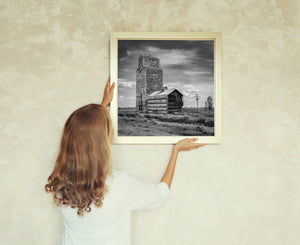 Black and white photograph of historic grain elevator on Canadian prairie