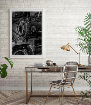 Mechanical rods and boiler plates of antique steam locomotive