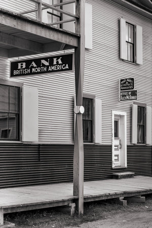 Monochrome photograph of historic architecture in Dawson City Yukon
