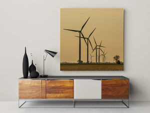 Square landscape photograph of Canadian wind turbines beneath a warm muted sky.