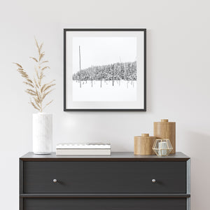 Framed black and white print on a wall above a dresser with decorative items.