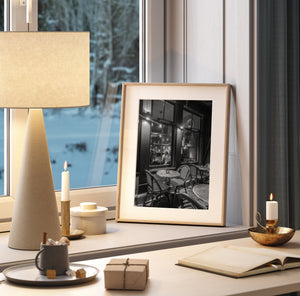 Monochrome image of night cafe atmosphere