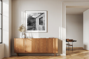 Fishing hut on Irish cliff black and white