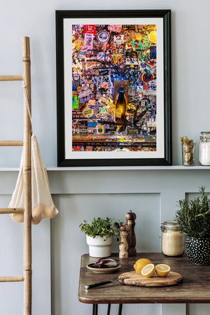 Sticker bombed wall from Amsterdam interior