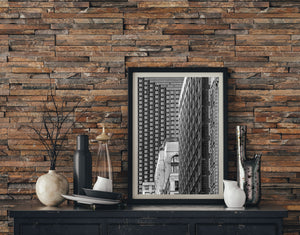 Monochrome architectural photograph showing several generations of Chicago buildings together.