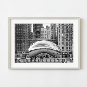 Black and white reflection of buildings on Chicago Bean