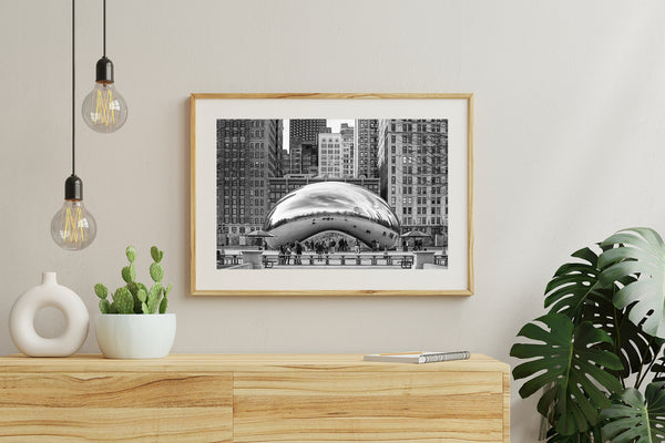 Artistic black and white shot of Chicago Bean and cityscape