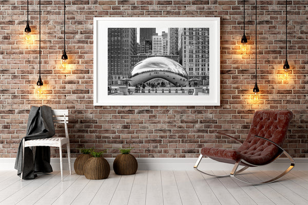 Detailed view of architectural reflections on Chicago Bean in black and white
