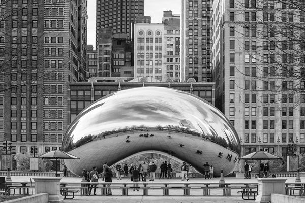Monochrome image of Chicago skyline reflected in Bean sculpture