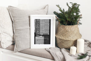 Chicago buildings fill the frame with geometric windows, vertical lines and a drifting steam plume.