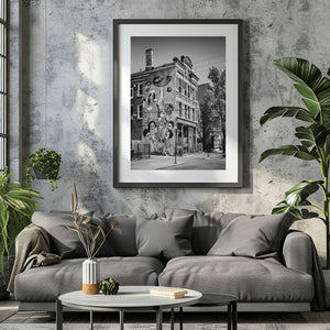 Layers of painted figures and architectural windows fill a Chicago street art photograph.