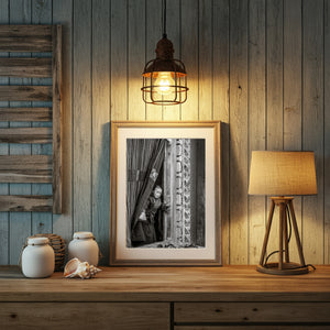 candid moment young monk observing street from monastery doorway