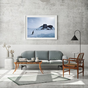 Dark Antarctic rocks rise beyond a small penguin standing in cool blue-white snow.